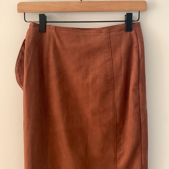 Anthropologie Lauren Faux Suede Wrap Tie Midi Skirt Brown Fall Thanksgiving - Picture 7 of 11